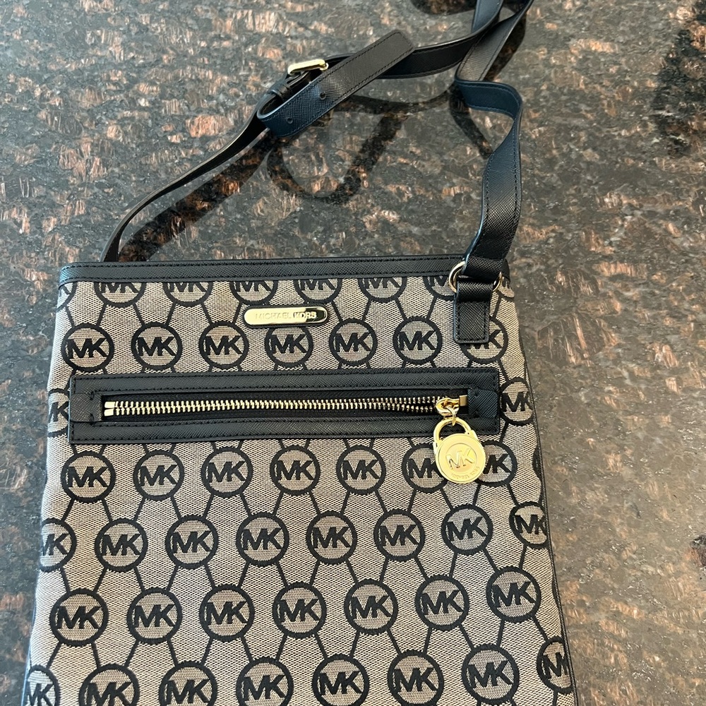 Michael Kors Black and Beige MK Logo Crossbody Messenger
